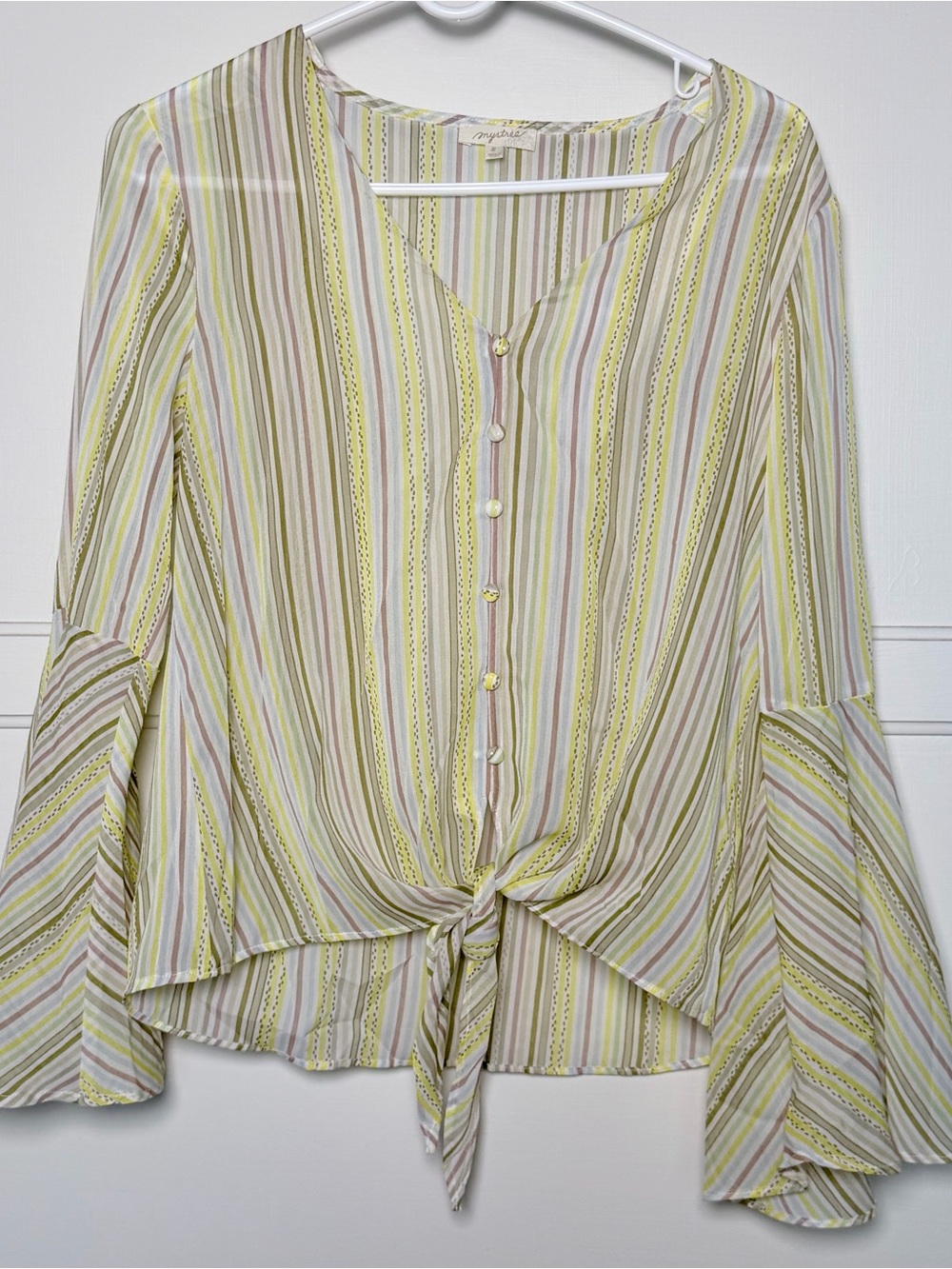 Mystree Yellow Multi-Stripe Tie-Front Blouse (C0005)